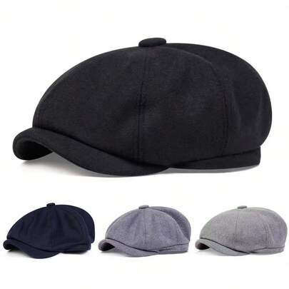 1pc Men's Wool Newsboy Cap, Fashion Beret Hat Casual Outdoor Hat, Solid Color Front Visor Cap, Suitable For Autumn/Winter Street, Business Party