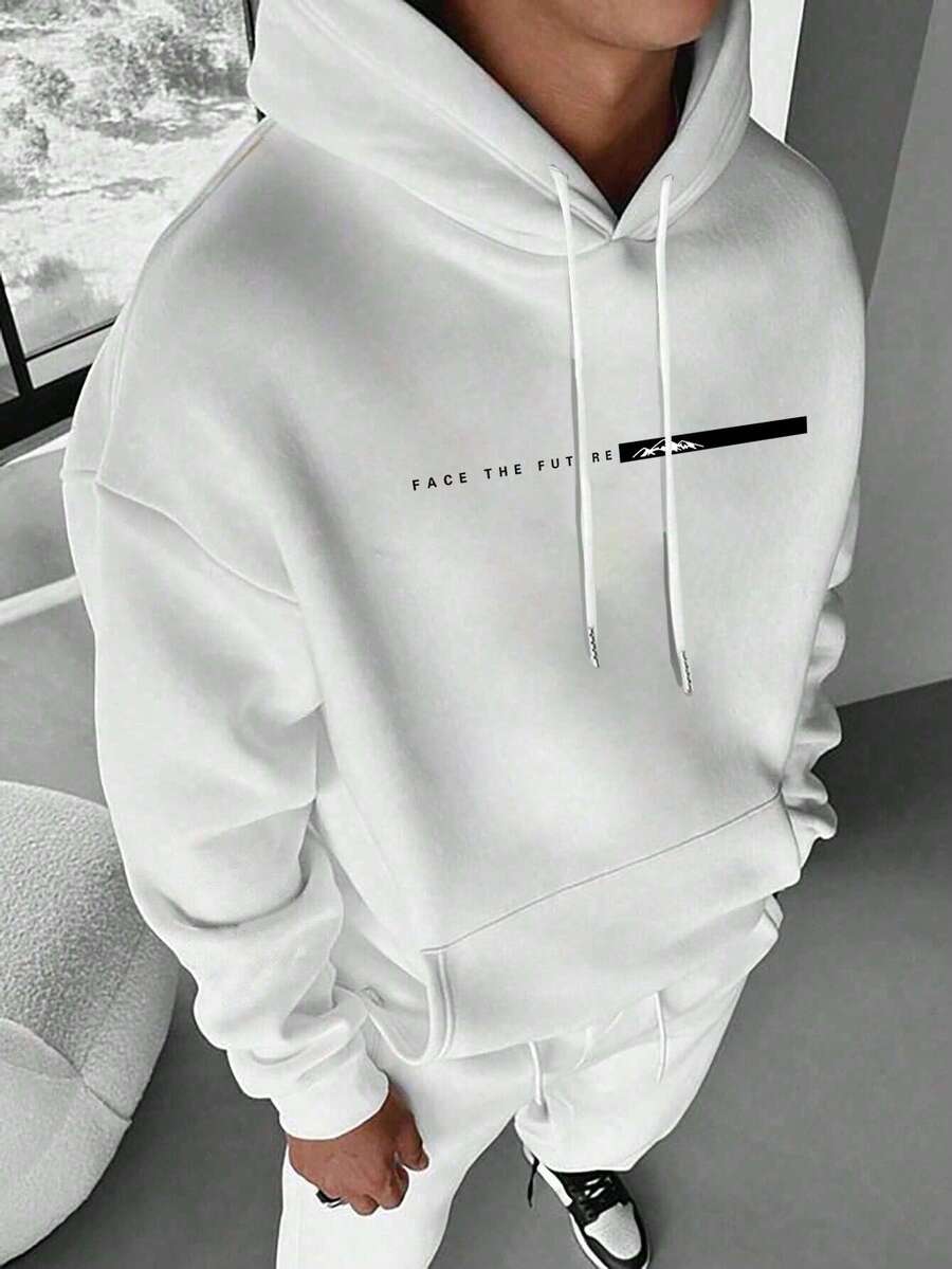 Men's Casual Fashionable Versatile Daily Commute Simple Printed Kangaroo Pocket Drawstring Hoodie, Autumn/Winter - White - View 1