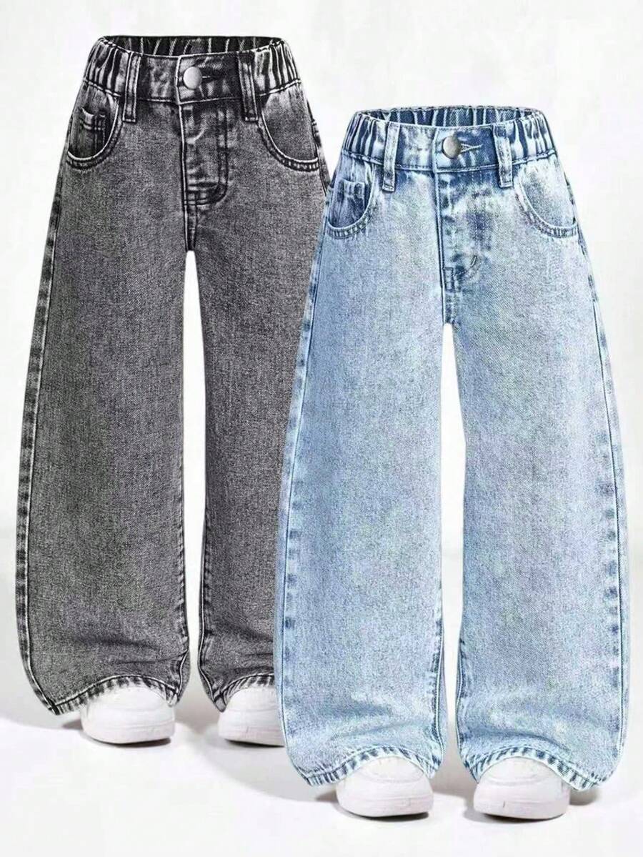 2pcs Girls Casual Washed Wide Leg Pants Set - Multicolor - View 1