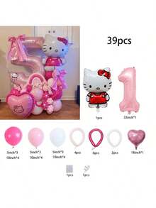 39 بالون مع قضبان من القطة الجميلة هالو كيتي من سانريو، بالونات رقم فويل 32 بوصة باللون الوردي اللؤلؤي، مناسبة لديكور حفلة عيد الميلاد