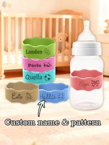 LICVIC 1/2/6Pcs Custom Name/Pattern Baby Bottle Labels, Personalized Children's Water Bottle Name Bands, Customized Reusable Silicone Cup Bands Labels, Customizable Non-Slip Name Bands, 5.4x2.5cm, 6 Colors: Bule/Green/Water Lake Blue/Orange/Pink/Yellow, 2 Styles, 8 Pattern, Anti-Slip And Anti-Scalding, For Daycare