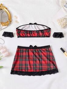 2 pièces Ensemble de lingerie sexy d'uniforme étudiant pour femmes, jeu de rôle mignon et attrayant - noir rouge - Voir 6