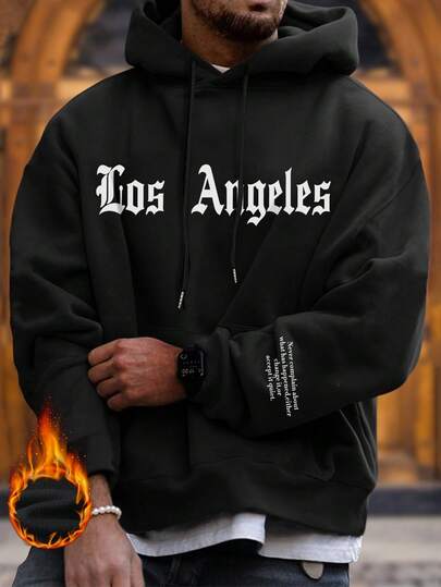 Sudadera con capucha y bolsillo canguro con estampado de la letra Los Ángeles para hombre de talla grande, para otoño/invierno, de manga larga