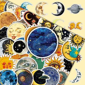 50pcs Vintage Fantasy Sun Moon Nebula Graffiti Creative Cartoon Moon Sun Decorative Stickers For Phone Cases, Cups, Etc.