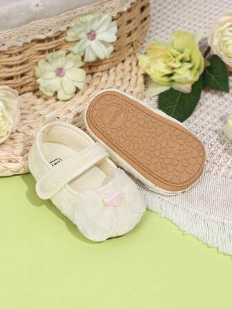 1 Pair Baby Girls' Bow Hook And Loop Cloth Flat Non-Slip Breathable Toddler Walking Shoes, Elegant Mary Jane Style, Suitable For Spring & Autumn, 0-15 Months