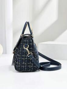 1 pieza Bolso de mano cuadrado mini de unicolor para mujer, bolso de hombro de moda con asa superior, mini cartera de hombro con decoración de hebilla - Azul Marino - Ver 5
