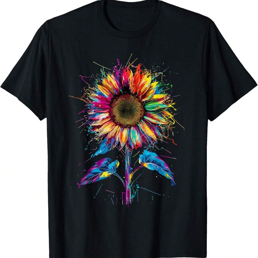 Colorful Paint Splash Sunflower Art Graphic T-Shirt - Black - View 1