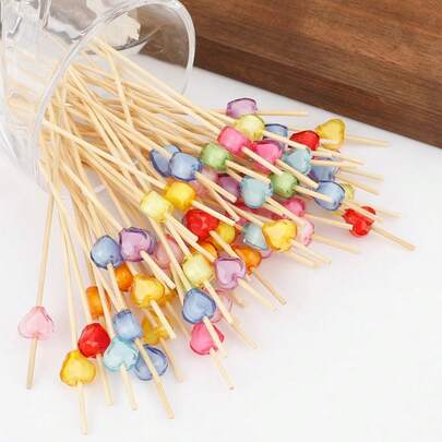 100 Pcs Colorful Heart Shaped Fruit Pick Sticks Cocktail Sticks Party Food Decoration Toothpicks Bamboo Appetizer Sticks Sandwich Sticks Skewers Sticks For Valentines Day Birthday Wedding Decorations