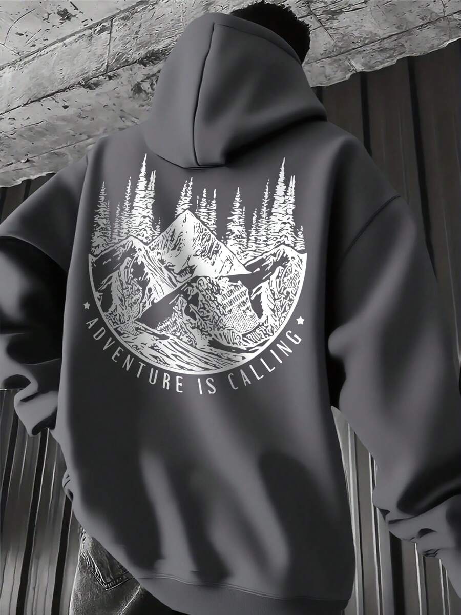 男士风景图案印花抽绳口袋连帽卫衣，时尚百搭，秋冬款 - 深灰色 - 查看 1