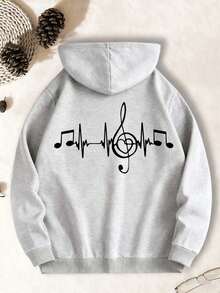 Music Heartbeat Design Hoodie For Men And Women Gray Sweatshirt With Musical Notes And Treble Clef Back Print Unisex Casual Streetwear Top - 灰色 - 查看 2