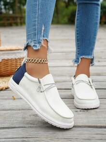 撞色拼接学院风休闲户外平底鞋，新款春秋季女士大码平底休闲鞋，蓝/红/白纯色拼接帆布乐福鞋 - 藍色 - 查看 6