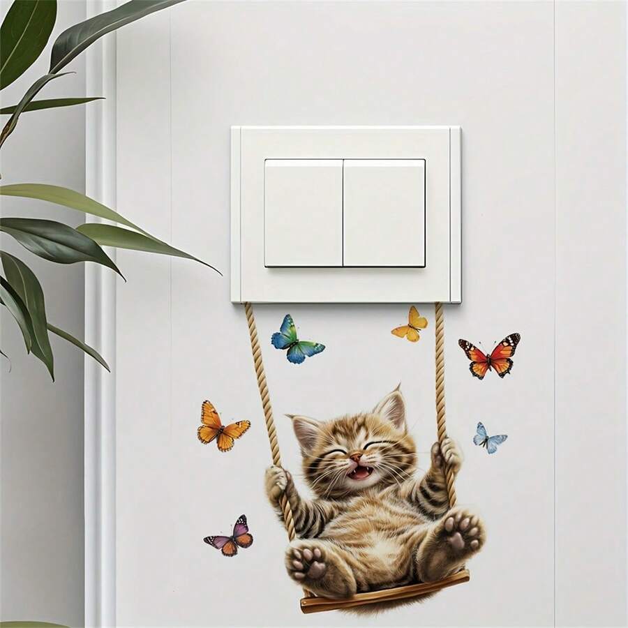 Cat Light Switch Stickers Cute Cat On Swing Wall Decals Light Switch Decor For Home - Multicolor - View 1