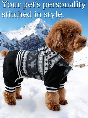1pc Pet Dog Casual Fashionable Jumpsuit, Black Contrast Pattern Print Striped Cuff Design, Suitable For Poodle, Bichon Frise, Schnauzer, Corgi And Other Small Dogs, Spring/Autumn/Winter