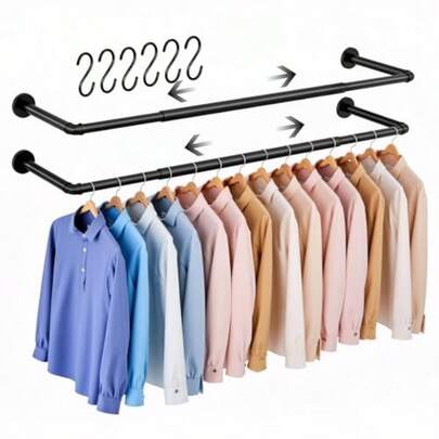 2 Pack Expandable Clothes Rack Industrial Pipe Wall Mounted Clothing Rack Heavy Duty Hanging Closet Rod For Closet Storage