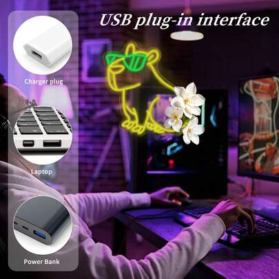 Bespectacled Capybara Neon Light - USB Powered Yellow-Green LED Wall Decor, Button Control, Plastic Material, Multipurpose Cartoon Animal Lamp, Suitable For Bedroom, Party Decoration And Birthday Gift