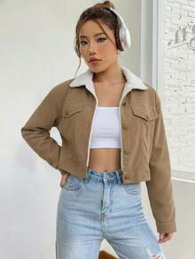 Women's Casual Elegant Wool Collar Jacket, Women's Solid Color Wool Collar Shirt Jacket, Suitable For Daily Outings, Commuting, Office, Birthday Party, Back To School, Party, Travel, Airport Outfit