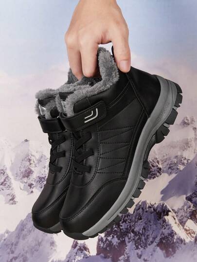 Botas de neve masculinas casuais plus size para atividades ao ar livre, cano alto e sola grossa, botas sem cadarço para casais e idosos, pretas