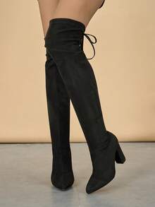 Fall/Winter New Women's Fashion Comfortable Versatile Solid Color Pleated Elastic Pull-On Over-The-Knee High Heel Cowboy Boots - Black - View 6