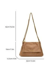 女士单肩包，翻盖软包，仿麂皮绒面哑光PU材质，时尚秋冬优雅复古简约风，金属链条设计，适合女性、女孩、大学生，休闲通勤皆宜，卡其色 - 卡其色 - 查看 8