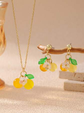 MESTILO 3件套优雅橙色樱桃吊坠耳环项链首饰套装，适合送给朋友和爱人，秋冬季礼物