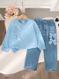 2 Stücke Mädchen Lässig Outfit, einfarbiges Schleifendekor Langarm Top und Hosen Set, normale Passform, Frühling/Herbst