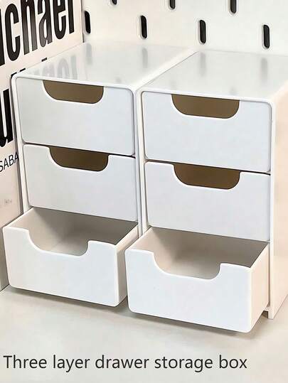 1pc Mini Desktop Storage Box With 3 Compartments, Jewelry Lipstick Drawer Cosmetics Organizer, Simple 3 Layers Drawer Storage Box, Tabletop Storage Box, Jewellery Storage Box