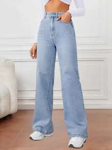 Jeans casuales de pierna recta y ajuste holgado para mujer con bolsillos, jeans rectos de moda, pantalones vaqueros holgados de mezclilla lavada, estilo vintage y casual, pierna ancha y talle alto para uso diario, cómodos, elásticos y aptos para todas las estaciones - Azul - Ver 4