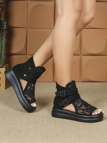 朋克搭扣西部风格女式新款时尚灰黑色镂空蕾丝网面轻便厚底复古罗马凉鞋、踝靴和露趾凉鞋 - 黑色 - 查看 14