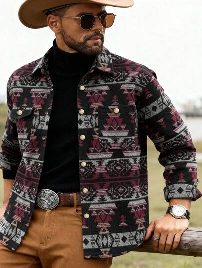 Herren Vintage Western Cowboy Stil Geometrisches Muster Dicke Revers Vollreißverschluss Langarm Wolljacke, Essenzieller Außenmantel für Herbst/Winter