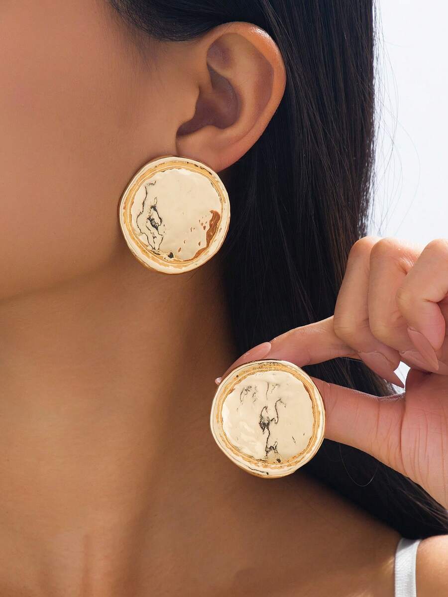 一对不对称几何超大球形金属质感耳钉 - 金黃色 - 查看 1