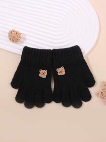 1双儿童可爱卡通熊贴花保暖针织手套，防风保暖，男女童均适用，秋冬季