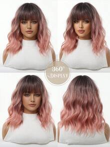 14 Inch Ombre Pink Bobo Wig, Women's Curly Wavy Wig With Bangs, Short Heat Resistant Synthetic Wig, Suitable For Party Costumes And Daily Wear, Vibrant Colors - Pink Ombre - View 6