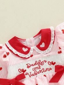 Baby Girl Valentines Day Romper Love Heart Bow Bubble Bodysuit Doll Collar Long Sleeve Smocked Tops For Spring - Hồng - Xem 5