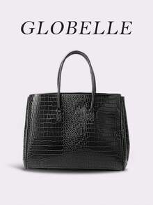 GLOBELLE 时尚复古摩托车包，大容量可扩展，金色五金配件，纯色鳄鱼纹压花双提手，女士单肩手提包，适合上班族女性，完美适用于大学、工作、商务、通勤、户外、旅行、野餐、办公室等各种场合，也适合工作、购物、送礼、休闲旅行。简约百搭，适合户外休闲和购物。 - 黑色 - 查看 9