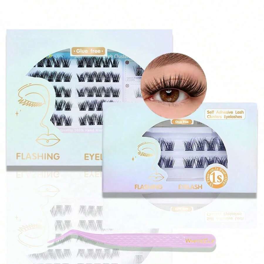 Self-Adhesive False Eyelashes, Glue-Free Press-On Lashes, Pre-Glued Adhesive-Free Lashes In Natural Cluster Sets Curled Lashes, Beginner-Friendly, No Sticky Residue, DIY In One Step - Mi tự nhiên - Xem 1