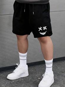 加大码 1XL-6XL 男士休闲短裤，夏季舒适短裤，时尚印花抽绳及膝裤 - 黑色 - 查看 1