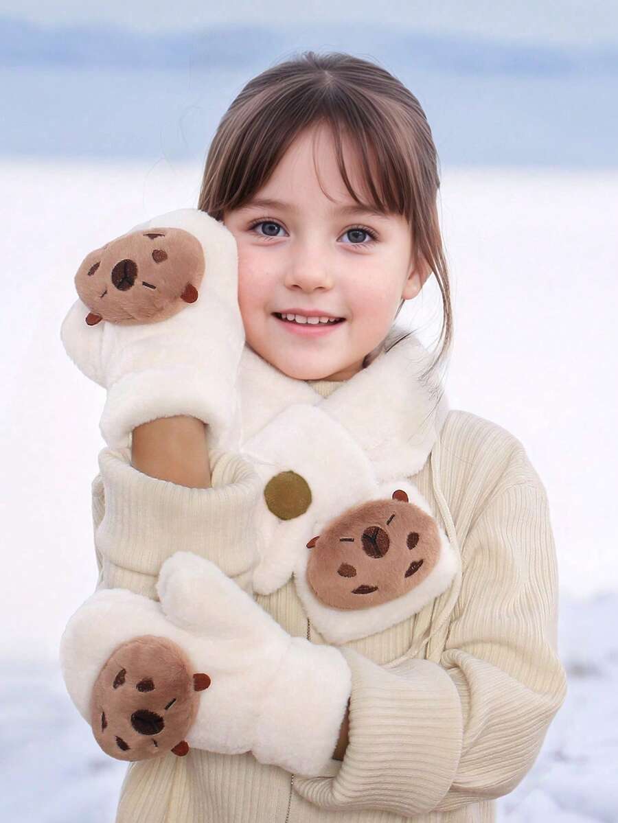 2 Stücke Plüsch Bär Handschuhe und Schal, geeignet für den täglichen Gebrauch und Reisen