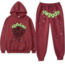 Y2K SP5 55555 Print Unisex Spider Web Letter Print Jogger Pants Sweatshirt Hoodie Fleece Sweatshirt Sports Set - 11酒紅色 - 查看 12