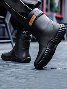 Fesd Ts Fashion Men's Drawstring Rain Boots Short Tube Couples Warm Lined Adult Rain Boots Non-Slip Durable Rubber Shoes For Kitchen Work Outdoor Car Washing Camping Fishing Waterproof Shoes Letter Beach Sports Outdoor TPR (Thermoplastic Rubber Material) Rain Boots Work Shoes Holiday Outdoor Autumn/Winter - Black - View 9