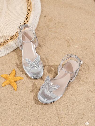 1 par de sandalias de moda para niños, nuevas sandalias de tacón alto 2026 para niños, sandalias con mariposa de rhinestone, sandalias de estilo princesa, sandalias bohemias, adecuadas para ocasiones casuales, de vacaciones, fiestas y bodas