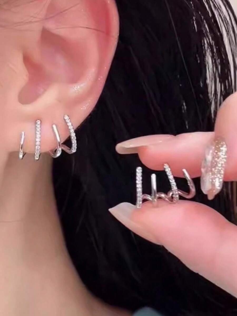 2pcs New Diamond Inlaid Minimalist Design Layered Curved Earrings For Women - Silver 2 - View 1