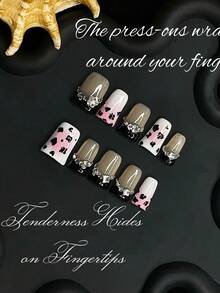Uñas postizas de fabricación artesanal con forma de pico de pato, pintadas a mano con un estampado de leopardo en un color de dopamina, diseño sencillo, cobertura completa, estilo Y2K baddie, uñas Y2K, uñas en relieve, uñas postizas hechas en casa - Multicolor - Ver 10