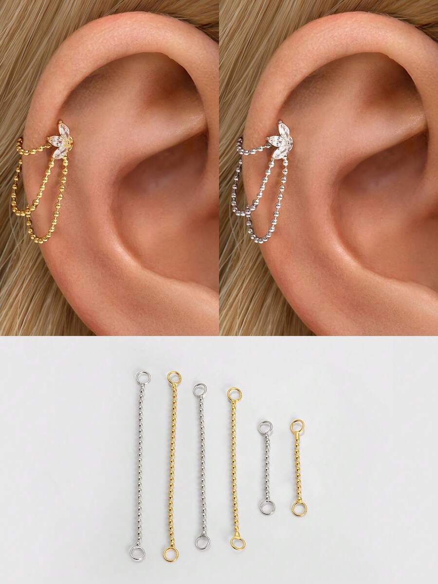 1 pièce Boucles d'oreilles à perçage en argent sterling 925 avec pompons, chaîne à boules, dos plat pour cartilage et hélix. Bijoux raffinés pour le port quotidien, mariage, fête, fiançailles, Saint-Valentin (vendu à l'unité) - Accessoires pour chaînes à perles - Voir 1