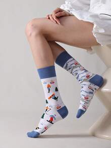 1 Pair Cute Skiing AB Pattern Mid-Calf Socks, Versatile For Daily Wear And Parties - Multicolor - View 1