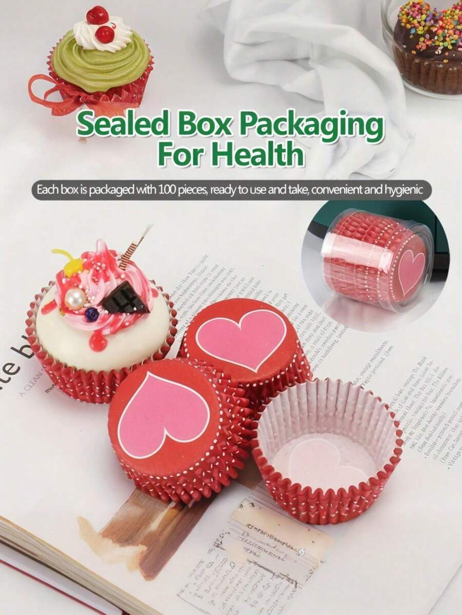 200pcs Valentine'S Day Heart Pattern Paper Baking Cups, Oil-Proof Cupcake Liners For Wedding & Birthday Party Desserts - Multicolor - View 1