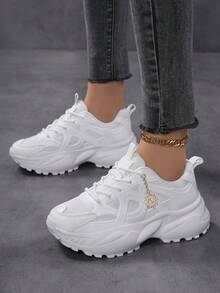 时尚厚底女式运动鞋，撞色圆头皮革系带运动鞋，轻便透气运动鞋，防滑耐穿户外网球鞋，厚底鞋，白色运动鞋，舒适休闲女鞋 - 白色 - 查看 11