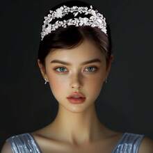 1件优雅新娘仿珍珠叶子发箍，奢华婚纱配饰 - 銀色 - 查看 5