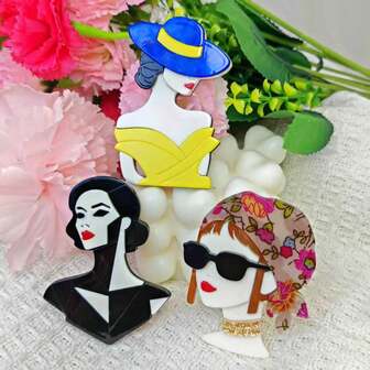Cute Girl Acrylic Brooch - Patterned Headscarf Girl, Black Uniform Lady, Yellow Dress Elegant Lady, Unique Item, Beautiful Accessory, Suitable For Hats, Bags, Versatile Accessory, Fashionable Headscarf Brooch, Sweet Accessory