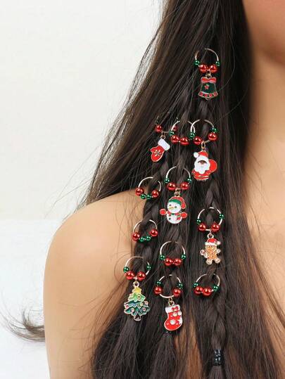 12pcs Christmas & New Year Decorative Accessories, Bohemian Hip-Hop Style Hair Clips, Hair Rings, Hair Accessories For Festivals, Parties, Daily Wear