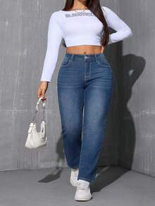 女士加大码保暖直筒裤 - 中腰设计，冬季保暖，日常百搭 - 藍色 - 查看 8